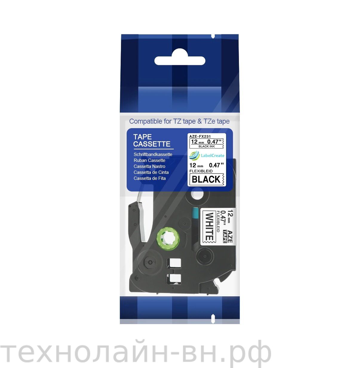 Ленточная кассета 12 mm SP-PT-E231 (аналог TZe-231) Черный текст на белом фоне.  8 метров. Ширина 12мм.